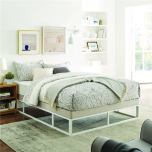 DeCoro Capri White Metal Platform with Built-in Beige Upholstered Mattress Foundation